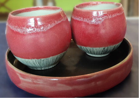 Bols et assiette rouge ceramique fait main